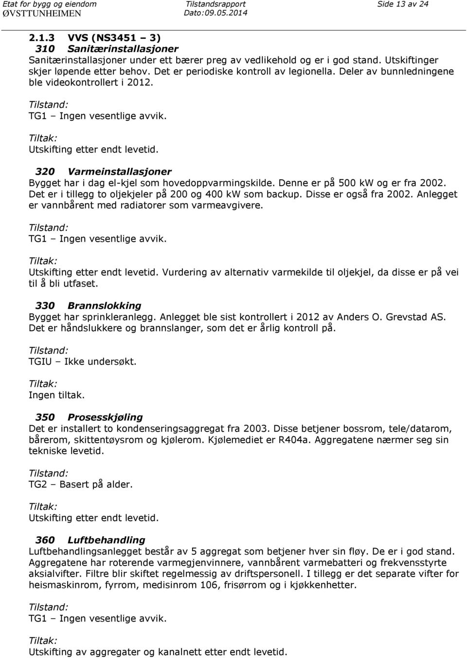 320 Varmeinstallasjoner Bygget har i dag el-kjel som hovedoppvarmingskilde. Denne er på 500 kw og er fra 2002. Det er i tillegg to oljekjeler på 200 og 400 kw som backup. Disse er også fra 2002.