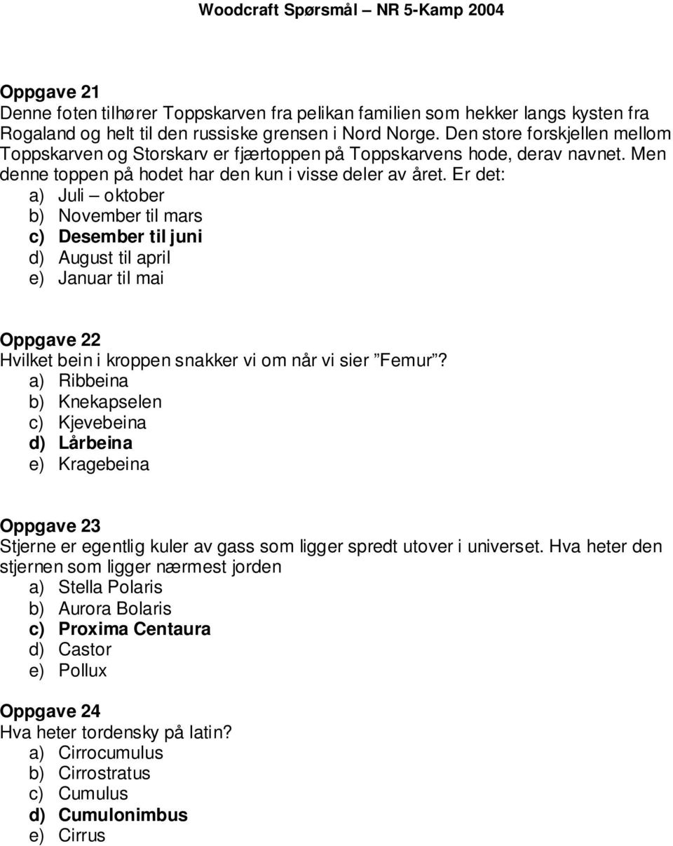 Er det: a) Juli oktober b) November til mars c) Desember til juni d) August til april e) Januar til mai Oppgave 22 Hvilket bein i kroppen snakker vi om når vi sier Femur?