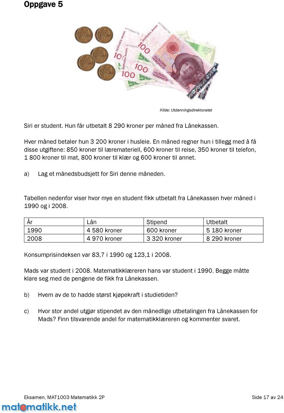 a) Lag et månedsbudsjett for Siri denne måneden. Tabellen nedenfor viser hvor mye en student fikk utbetalt fra Lånekassen hver måned i 1990ogi2008.