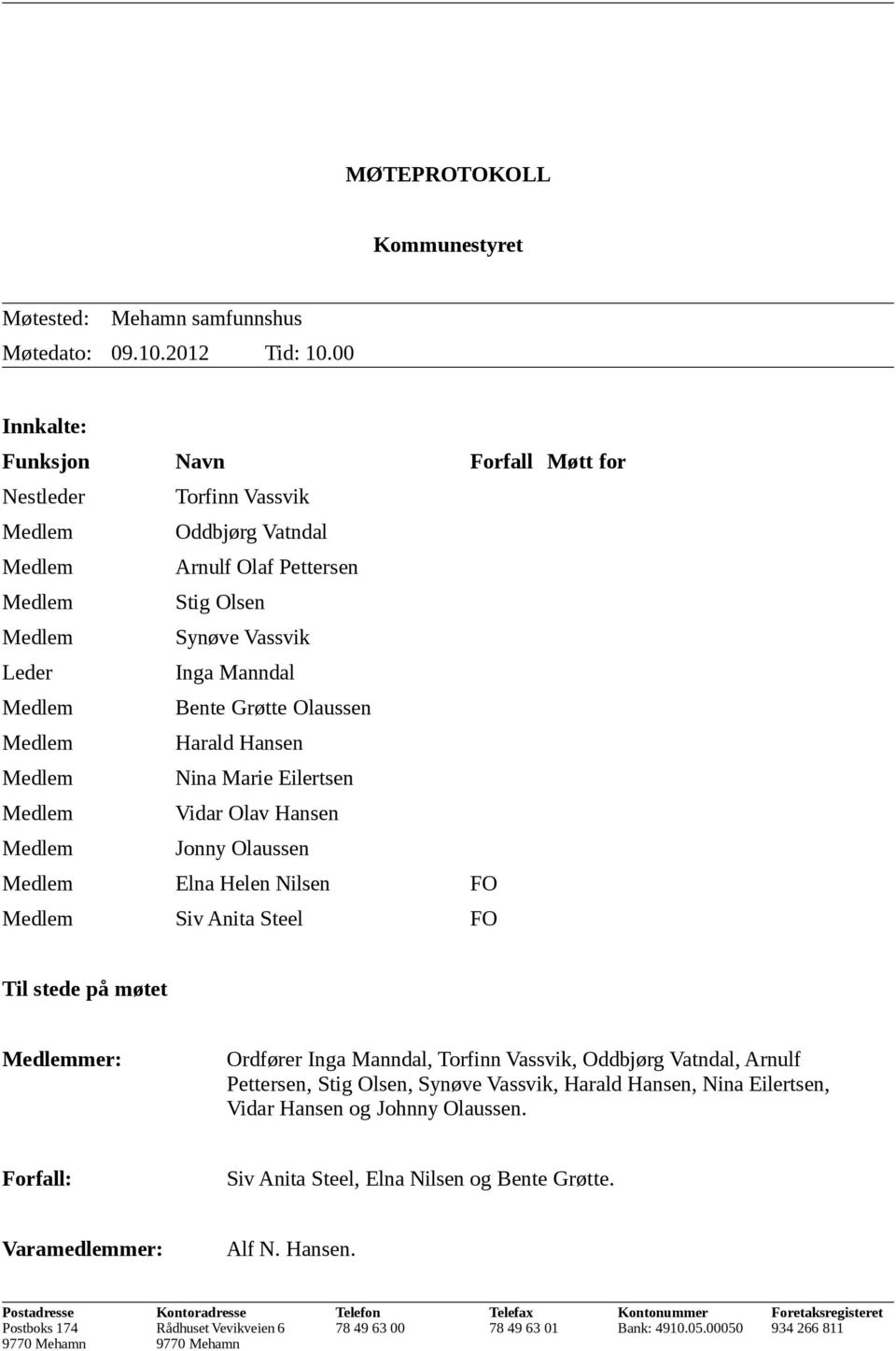 Grøtte Olaussen Medlem Harald Hansen Medlem Nina Marie Eilertsen Medlem Vidar Olav Hansen Medlem Jonny Olaussen Medlem Elna Helen Nilsen FO Medlem Siv Anita Steel FO Til stede på møtet Medlemmer: