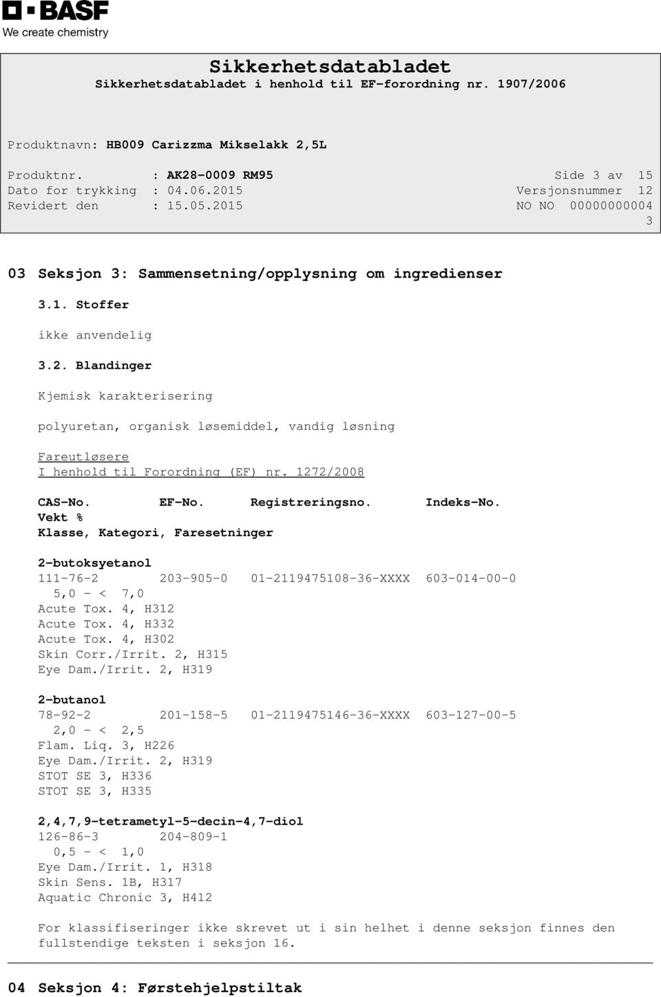 4, H312 Acute Tox. 4, H332 Acute Tox. 4, H302 Skin Corr./Irrit. 2, H315 Eye Dam./Irrit. 2, H319 2-butanol 78-92-2 201-158-5 01-2119475146-36-XXXX 603-127-00-5 2,0 - < 2,5 Flam. Liq. 3, H226 Eye Dam.