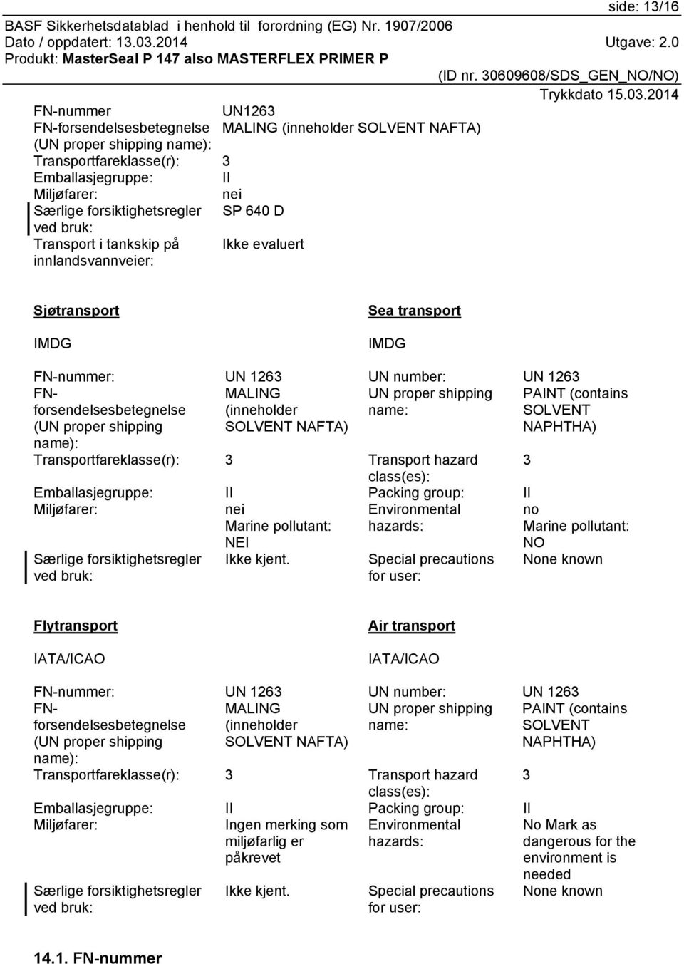 proper shipping MALING (inneholder SOLVENT NAFTA) UN proper shipping name: PAINT (contains SOLVENT NAPHTHA) name): Transportfareklasse(r): 3 Transport hazard class(es): 3 Emballasjegruppe: II Packing