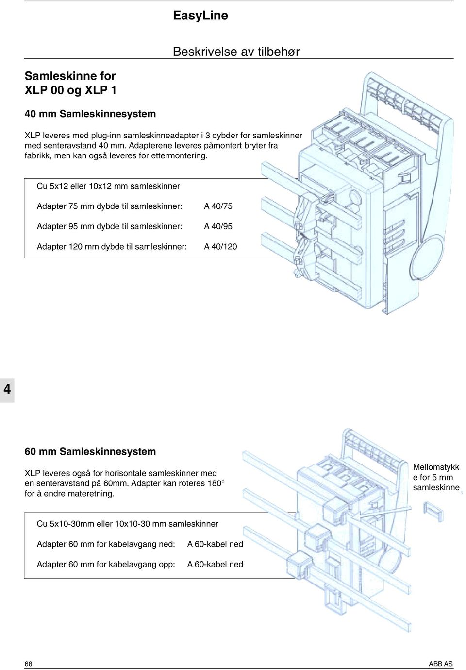 Cu 5x12 eller 10x12 mm samleskinner Adapter 75 mm dybde til samleskinner: A 0/75 Adapter 95 mm dybde til samleskinner: A 0/95 Adapter 120 mm dybde til samleskinner: A 0/120 60 mm