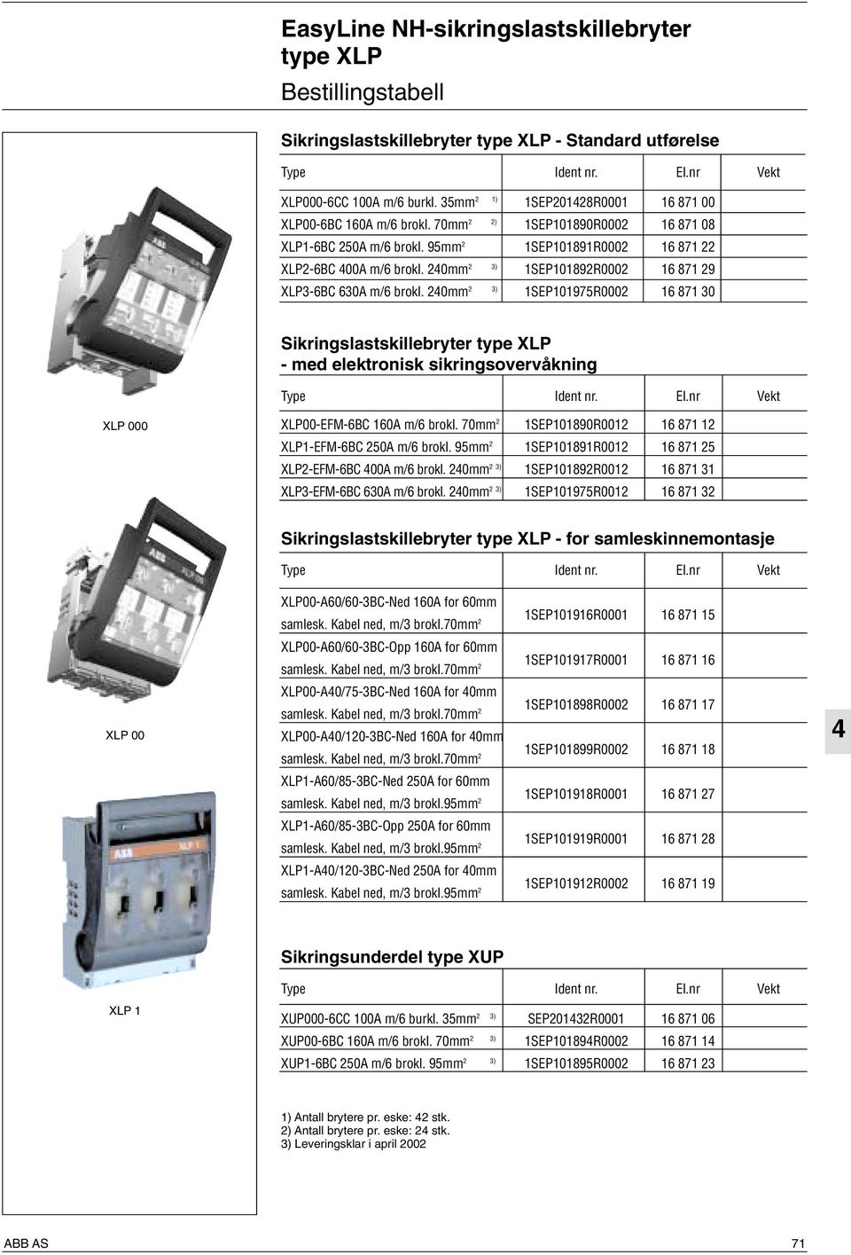 20mm 2 3) 1SEP101892R0002 16 871 29 XLP3-6BC 630A m/6 brokl. 20mm 2 3) 1SEP101975R0002 16 871 30 Sikringslastskillebryter type XLP - med elektronisk sikringsovervåkning Type Ident nr. El.