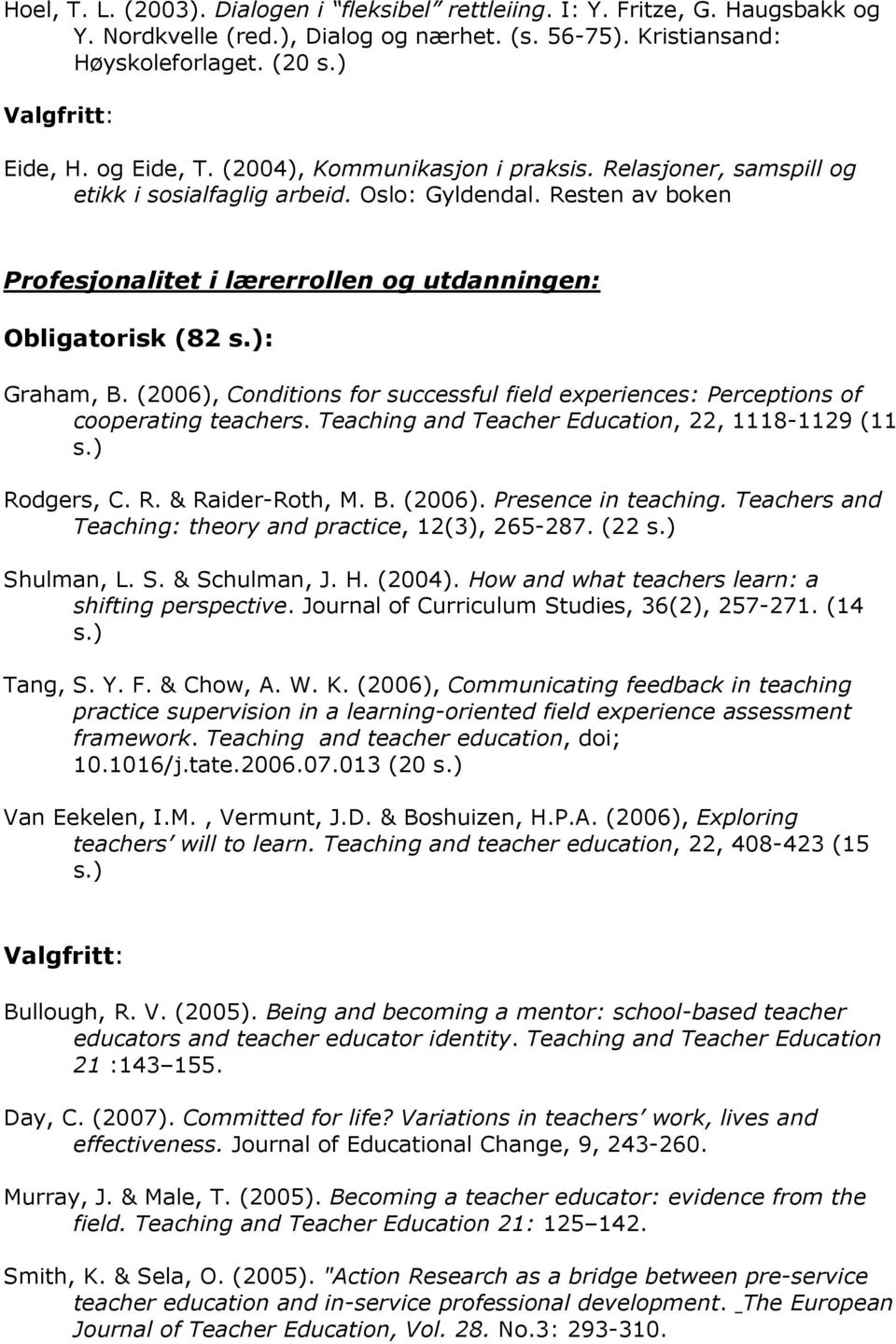 (2006), Conditions for successful field experiences: Perceptions of cooperating teachers. Teaching and Teacher Education, 22, 1118-1129 (11 Rodgers, C. R. & Raider-Roth, M. B. (2006).