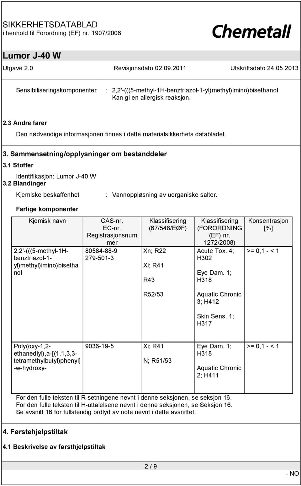 Kjemisk navn 2,2'-(((5-methyl-1H- benztriazol-1- yl)methyl)imino)bisetha nol CAS-nr. EC-nr.