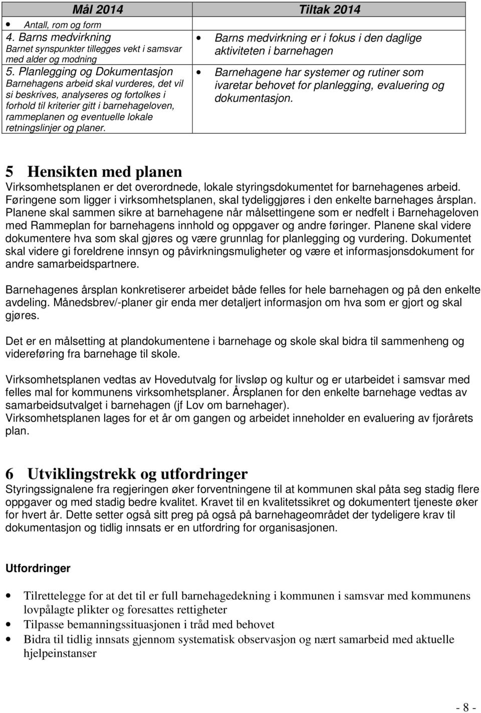 retningslinjer og planer. Barns medvirkning er i fokus i den daglige aktiviteten i barnehagen Barnehagene har systemer og rutiner som ivaretar behovet for planlegging, evaluering og dokumentasjon.