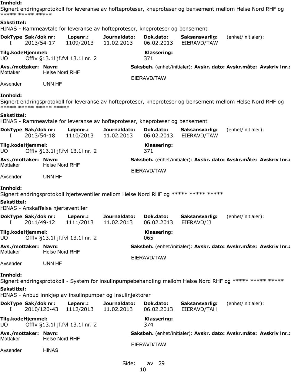 2 371 UNN HF Signert endringsprotokoll for leveranse av hofteproteser, kneproteser og bensement mellom og ***** ***** ***** ***** HINAS - Rammeavtale for leveranse av hofteproteser, kneproteser og