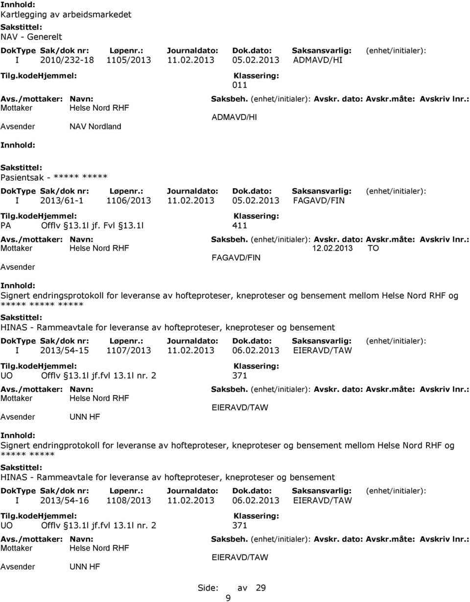 2013 TO FAGAVD/FIN Signert endringsprotokoll for leveranse av hofteproteser, kneproteser og bensement mellom og ***** ***** ***** HINAS - Rammeavtale for leveranse av hofteproteser, kneproteser og