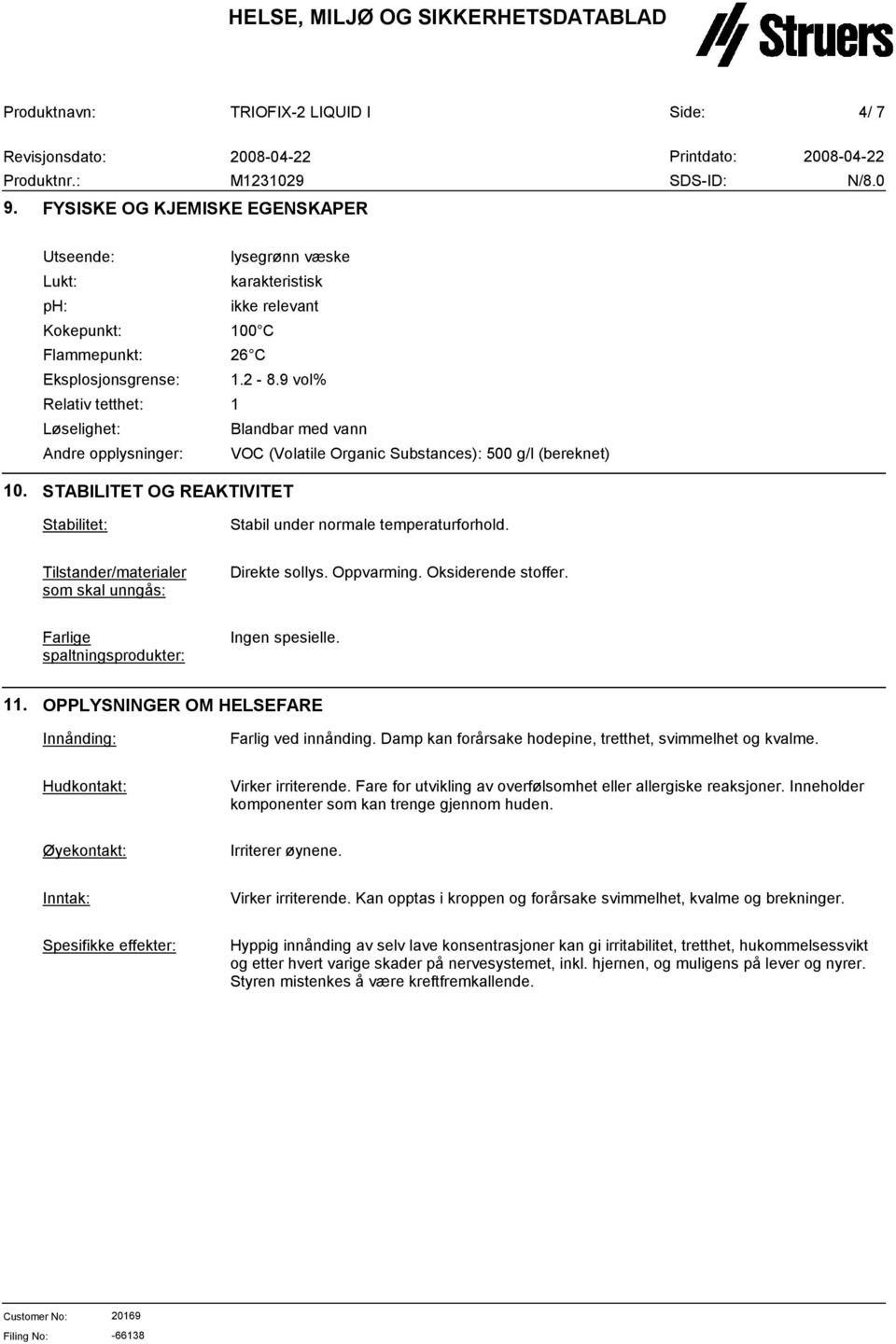 1.2-8.9 vol% 1 Blandbar med vann VOC (Volatile Organic Substances): 500 g/l (bereknet) 10. STABILITET OG REAKTIVITET Stabilitet: Stabil under normale temperaturforhold.