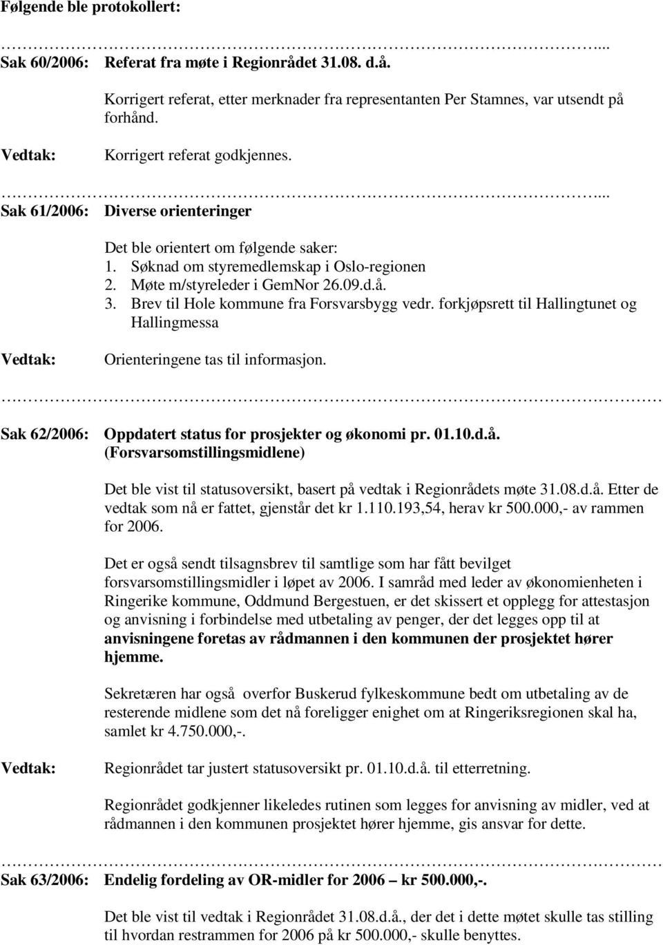 Brev til Hole kommune fra Forsvarsbygg vedr. forkjøpsrett til Hallingtunet og Hallingmessa Orienteringene tas til informasjon. Sak 62/2006: Oppdatert status for prosjekter og økonomi pr. 01.10.d.å.