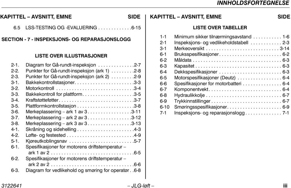 Motorkontroll..............................3-4 3-3. Bakkekontroll for plattform....................3-5 3-4. Kraftstøtteføtter.............................3-7 3-5. Plattformkontrollstasjon......................3-8 3-6.