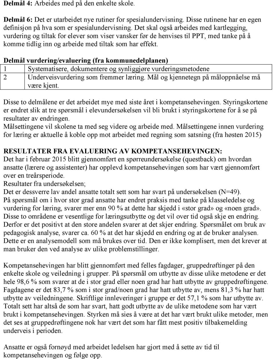 Delmål vurdering/evaluering (fra kommunedelplanen) 1 Systematisere, dokumentere og synliggjøre vurderingsmetodene 2 Underveisvurdering som fremmer læring.