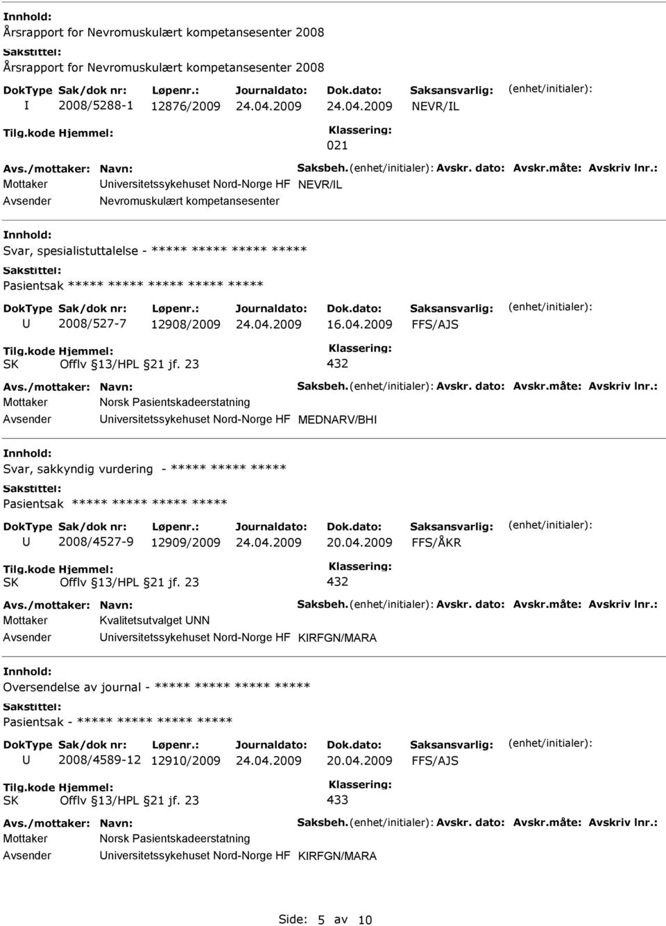 2009 Mottaker Norsk Pasientskadeerstatning niversitetssykehuset Nord-Norge HF MEDNARV/BH Svar, sakkyndig vurdering - ***** ***** ***** 2008/4527-9 12909/2009 20.04.