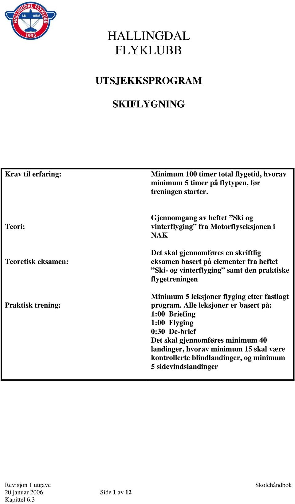 på elementer fra heftet Ski- og vinterflyging samt den praktiske flygetreningen Minimum 5 leksjoner flyging etter fastlagt program.