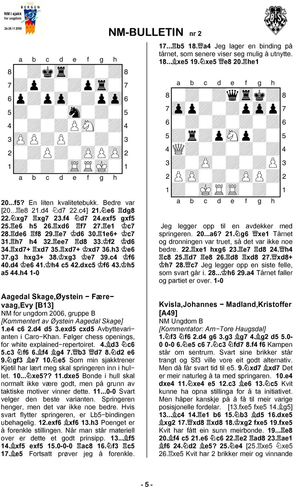 h4 c5 42.dxc5 f6 43. h5 a5 44.h4 1-0 17... b5 18. a4 Jeg lager en binding på tårnet, som senere viser seg mulig å utnytte. 18... xe5 19. xe5 e8 20.