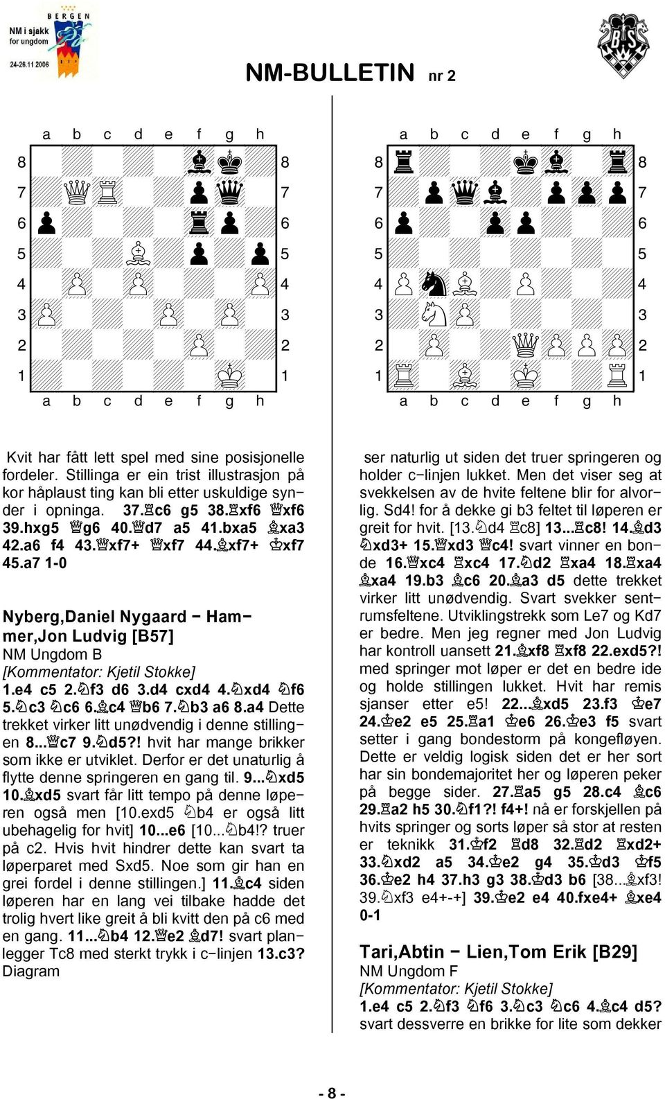 a7 1-0 Nyberg,Daniel Nygaard Ham mer,jon Ludvig [B57] NM Ungdom B [Kommentator: Kjetil Stokke] 1.e4 c5 2. f3 d6 3.d4 cxd4 4. xd4 f6 5. c3 c6 6. c4 b6 7. b3 a6 8.