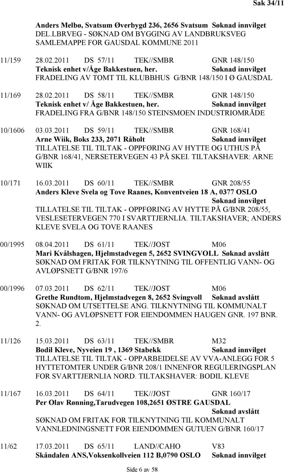 2011 DS 58/11 TEK//SMBR GNR 148/150 Teknisk enhet v/ Åge Bakkestuen, her. Søknad innvilget FRADELING FRA G/BNR 148/150 STEINSMOEN INDUSTRIOMRÅDE 10/1606 03.