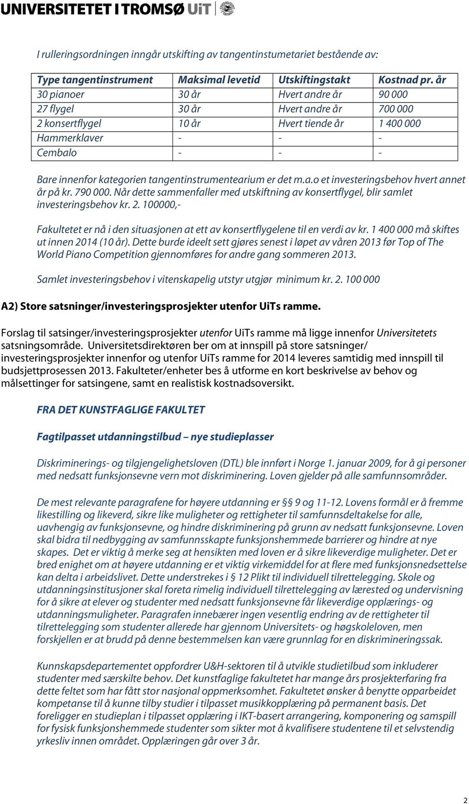 tangentinstrumentearium er det m.a.o et investeringsbehov hvert annet år på kr. 790 000. Når dette sammenfaller med utskiftning av konsertflygel, blir samlet investeringsbehov kr. 2.