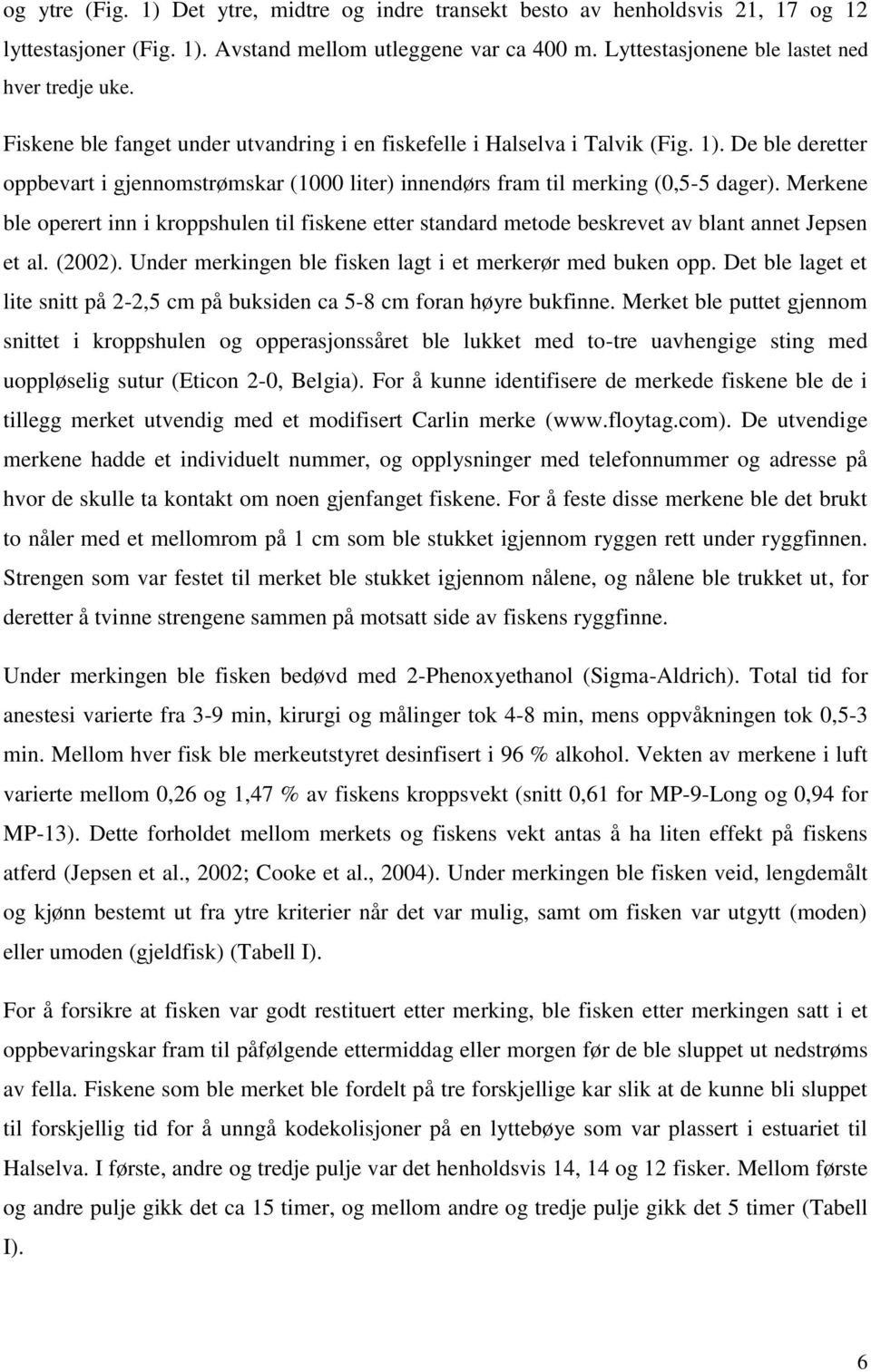 Merkene ble operert inn i kroppshulen til fiskene etter standard metode beskrevet av blant annet Jepsen et al. (2002). Under merkingen ble fisken lagt i et merkerør med buken opp.