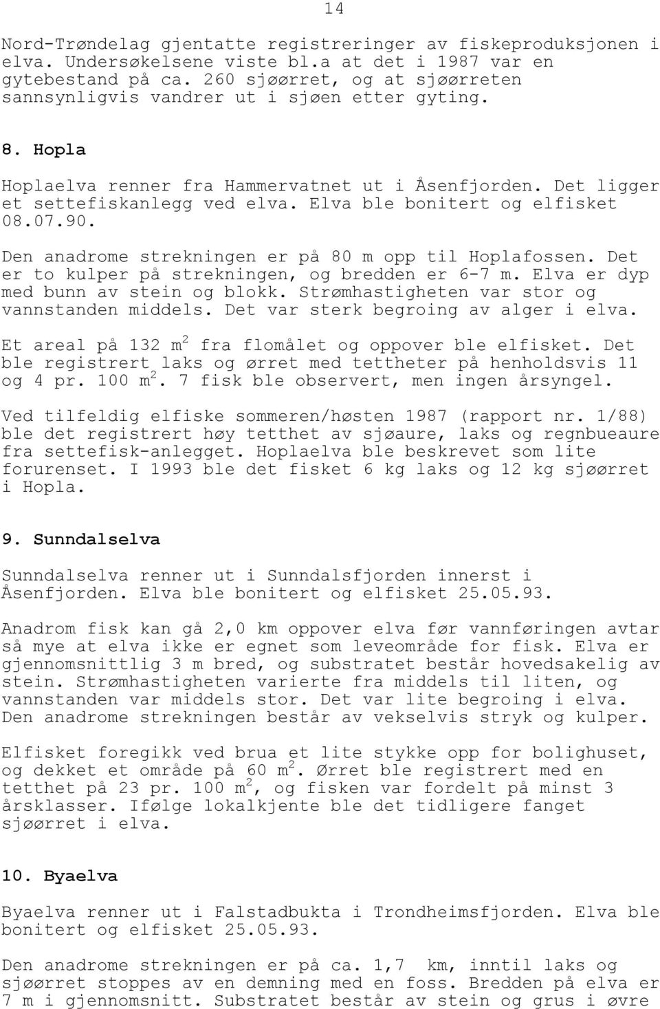 Elva ble bonitert og elfisket 08.07.90. Den anadrome strekningen er på 80 m opp til Hoplafossen. Det er to kulper på strekningen, og bredden er 6-7 m. Elva er dyp med bunn av stein og blokk.