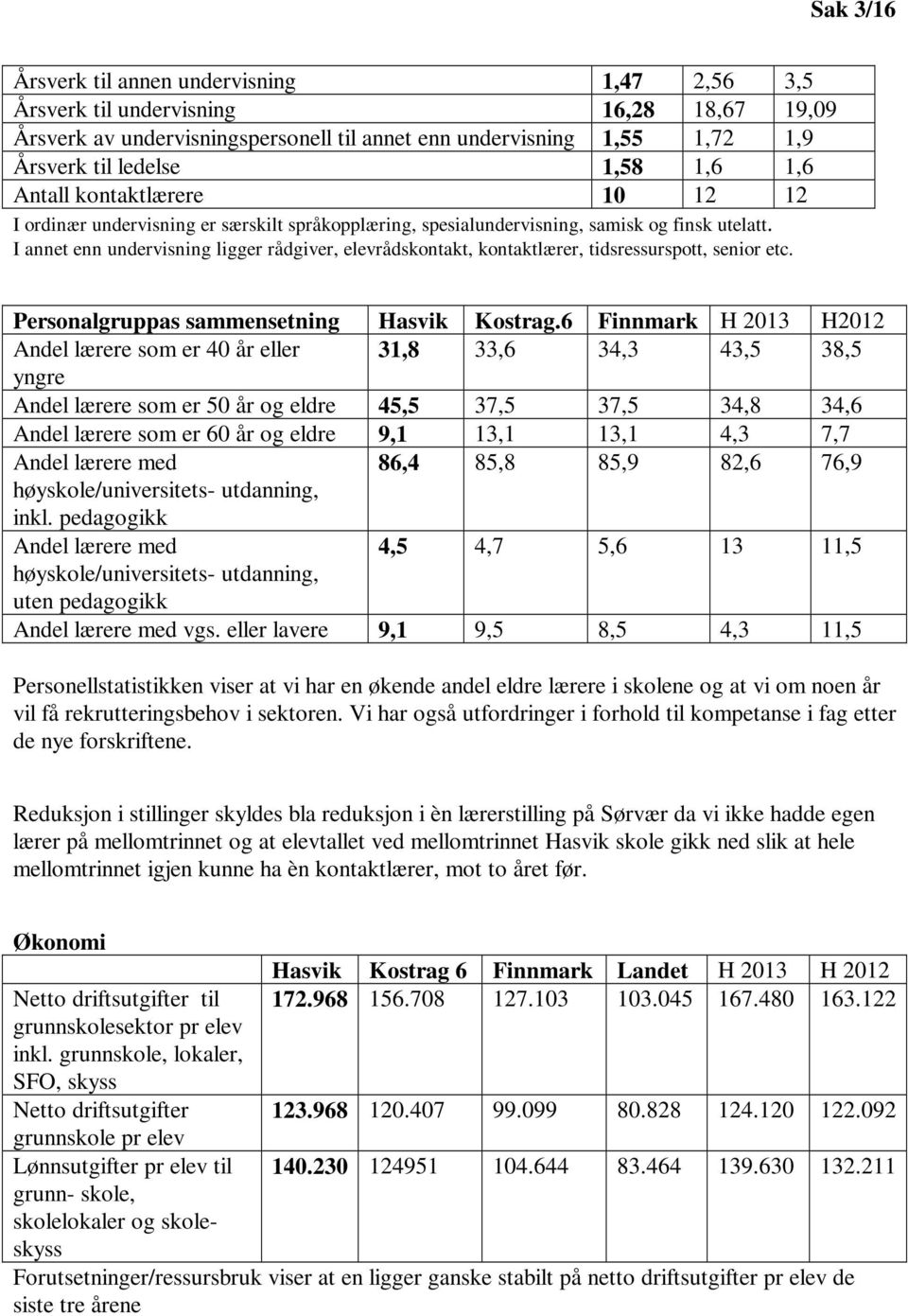 I annet enn undervisning ligger rådgiver, elevrådskontakt, kontaktlærer, tidsressurspott, senior etc. Personalgruppas sammensetning Hasvik Kostrag.