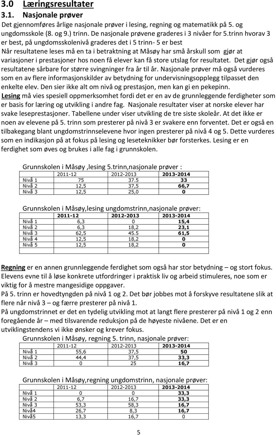 trinn hvorav 3 er best, på ungdomsskolenivå graderes det i 5 trinn- 5 er best Når resultatene leses må en ta i betraktning at Måsøy har små årskull som gjør at variasjoner i prestasjoner hos noen få