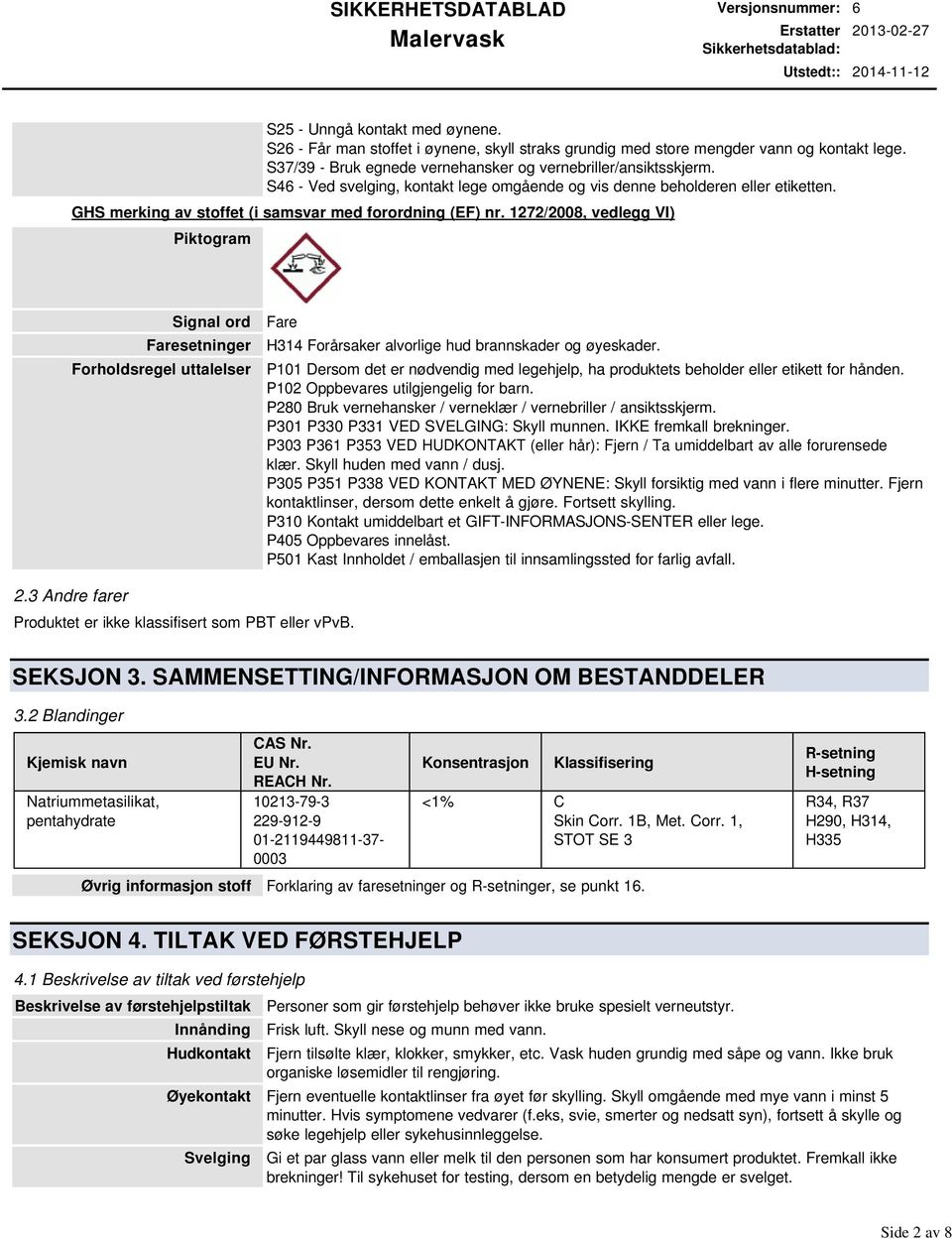 GHS merking av stoffet (i samsvar med forordning (EF) nr.