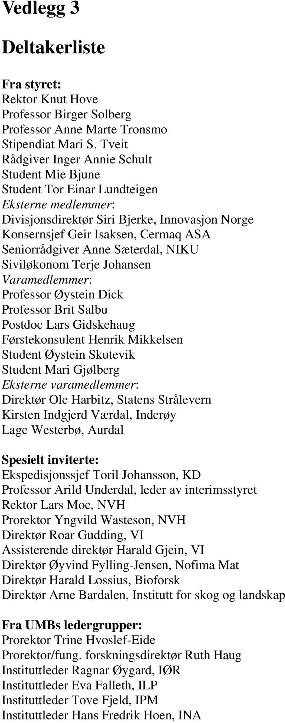 Seniorrådgiver Anne Sæterdal, NIKU Siviløkonom Terje Johansen Varamedlemmer: Professor Øystein Dick Professor Brit Salbu Postdoc Lars Gidskehaug Førstekonsulent Henrik Mikkelsen Student Øystein