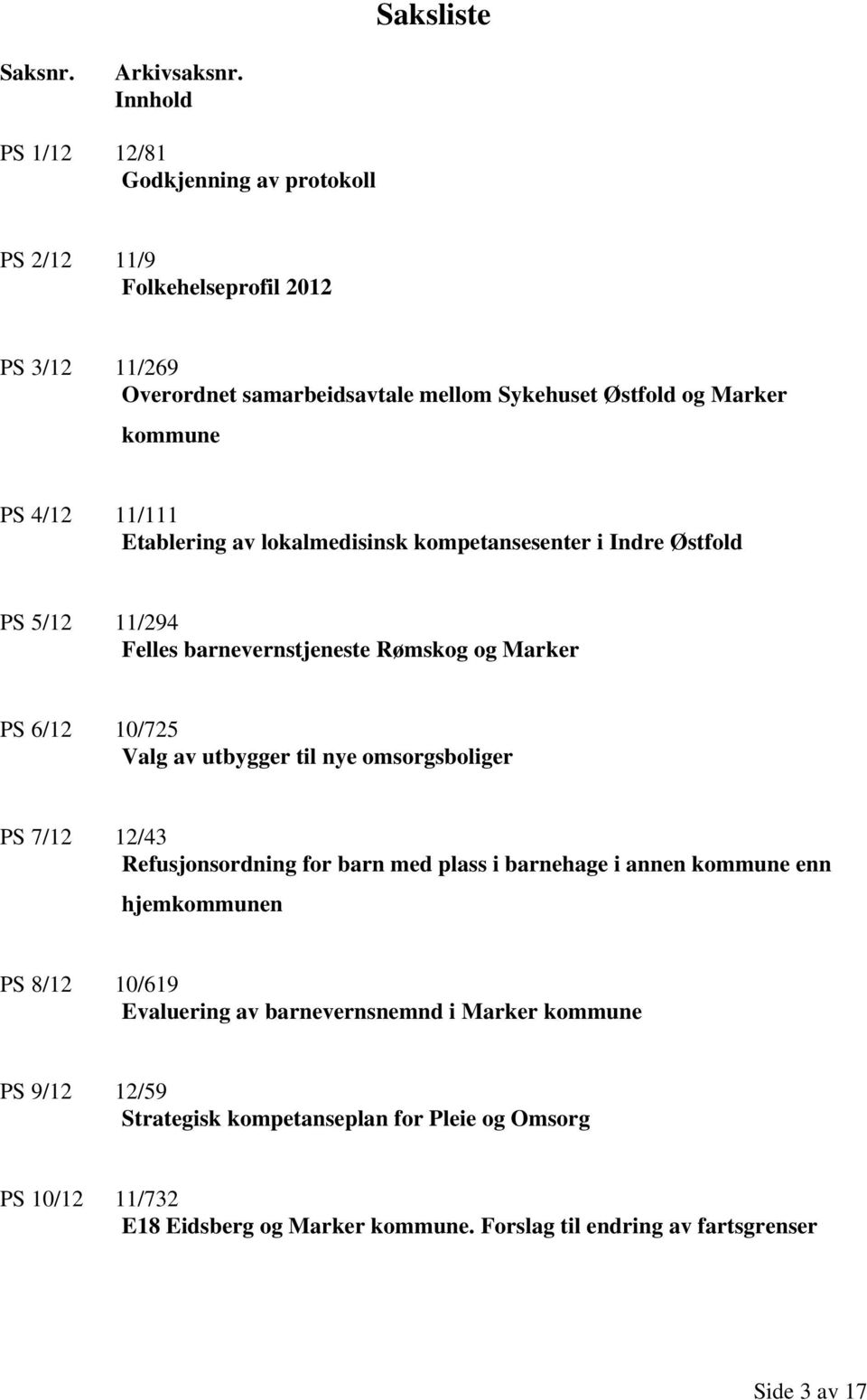 11/111 Etablering av lokalmedisinsk kompetansesenter i Indre Østfold PS 5/12 11/294 Felles barnevernstjeneste Rømskog og Marker PS 6/12 10/725 Valg av utbygger til nye