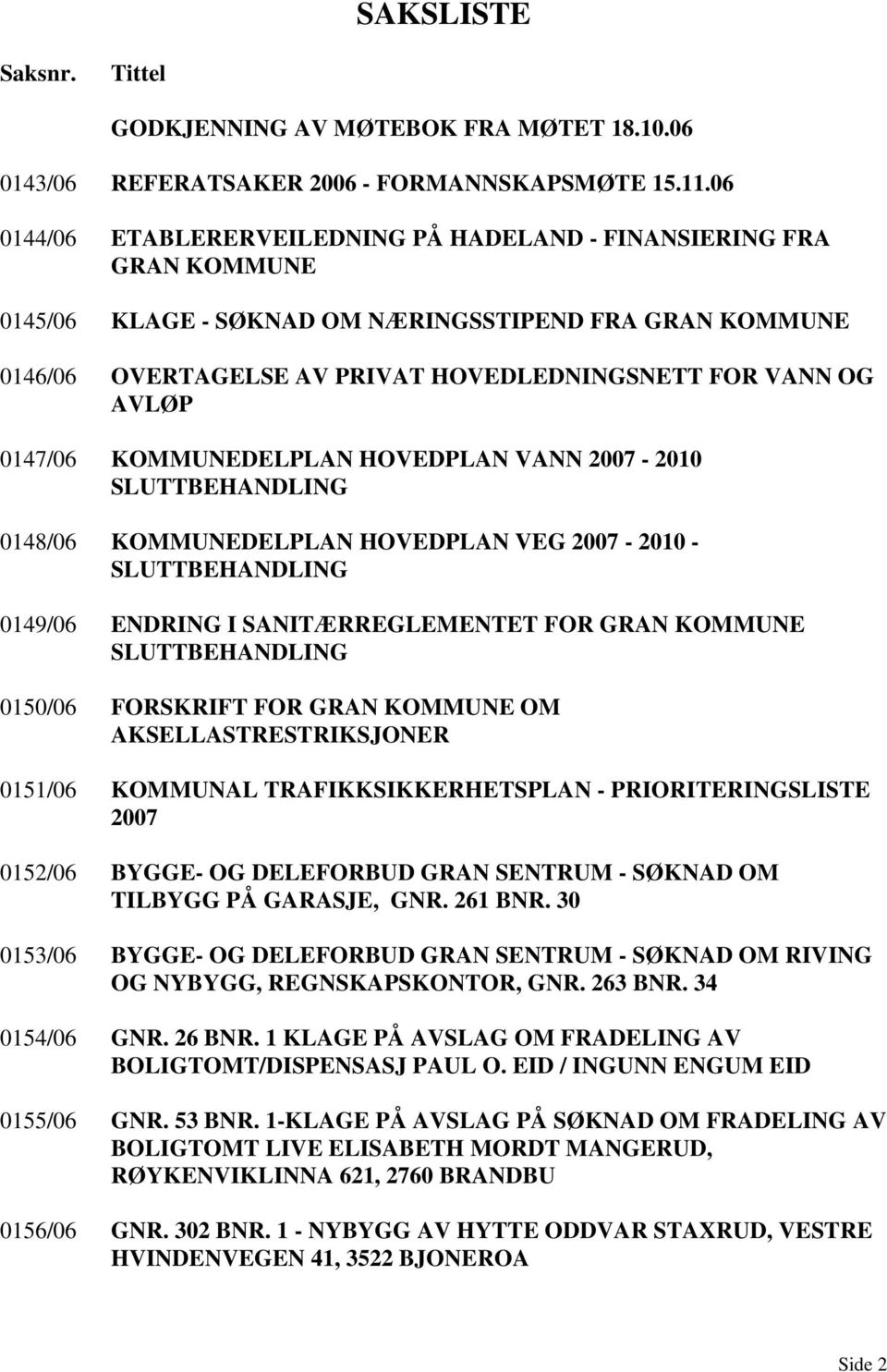 0147/06 KOMMUNEDELPLAN HOVEDPLAN VANN 2007-2010 SLUTTBEHANDLING 0148/06 KOMMUNEDELPLAN HOVEDPLAN VEG 2007-2010 - SLUTTBEHANDLING 0149/06 ENDRING I SANITÆRREGLEMENTET FOR GRAN KOMMUNE SLUTTBEHANDLING