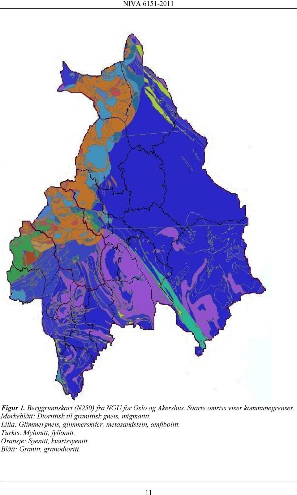 Mørkeblått: Diorittisk til granittisk gneis, migmatitt.