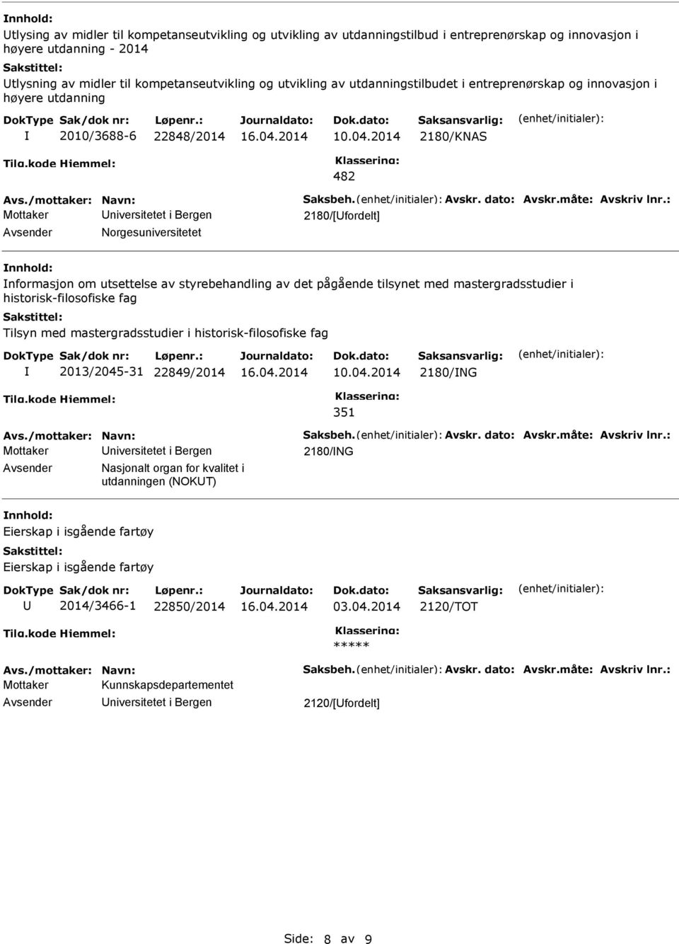 styrebehandling av det pågående tilsynet med mastergradsstudier i historisk-filosofiske fag Tilsyn med mastergradsstudier i historisk-filosofiske fag 2013/2045-31 22849/2014 2180/NG 351 2180/NG