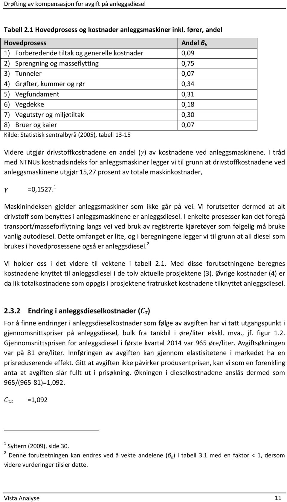 Vegdekke 0,18 7) Vegutstyr og miljøtiltak 0,30 8) Bruer og kaier 0,07 Kilde: Statistisk sentralbyrå (2005), tabell 13-15 Videre utgjør drivstoffkostnadene en andel (γ) av kostnadene ved