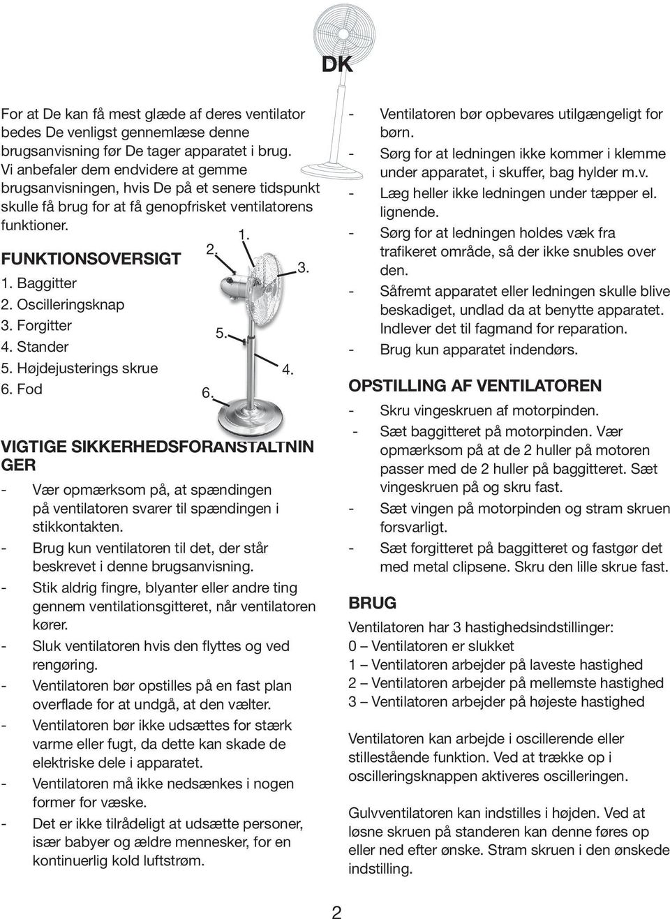 Oscilleringsknap 3. Forgitter 5. 4. Stander 5. Højdejusterings skrue 4. 6. Fod 6.