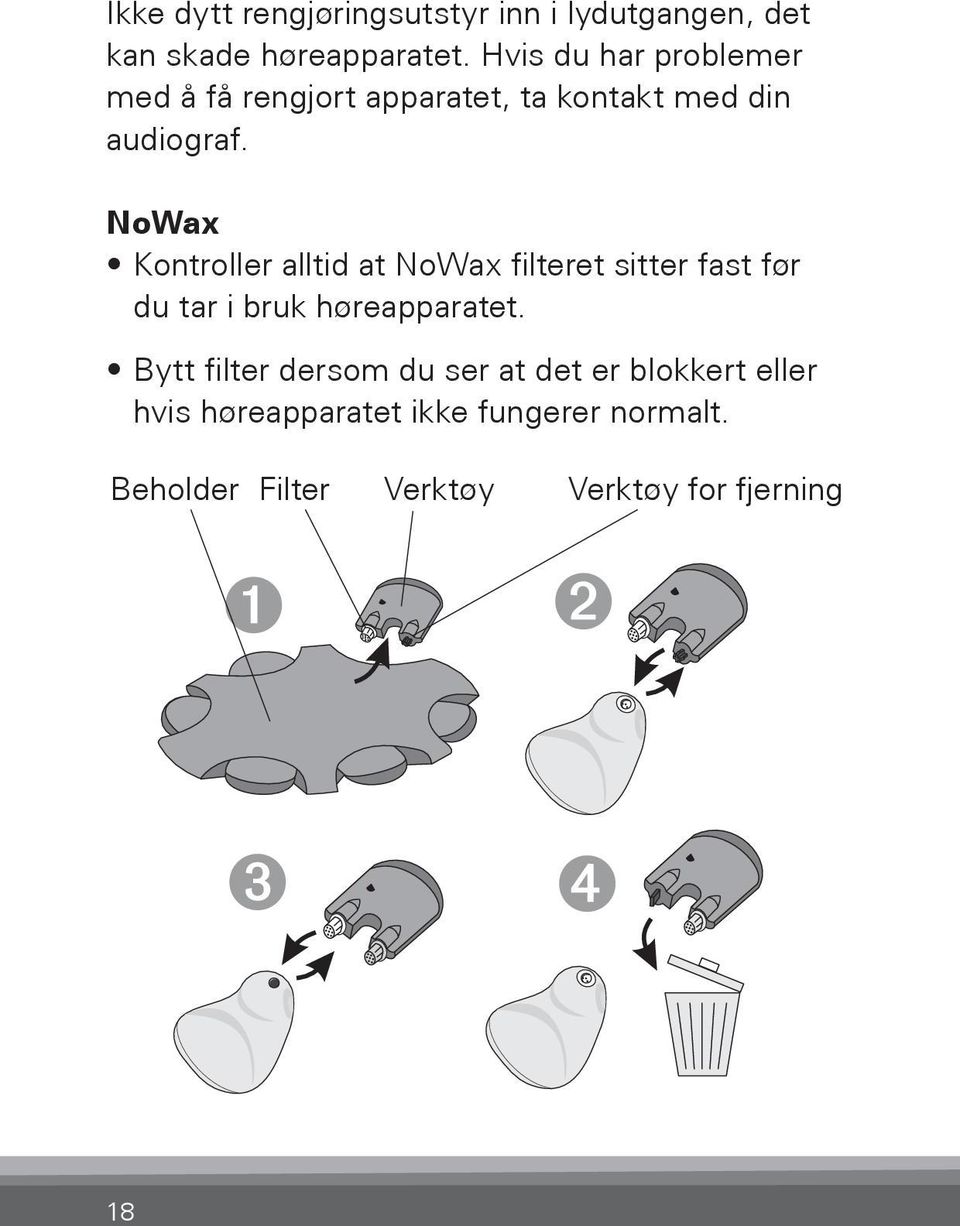 NoWax Kontroller alltid at NoWax filteret sitter fast før du tar i bruk høreapparatet.