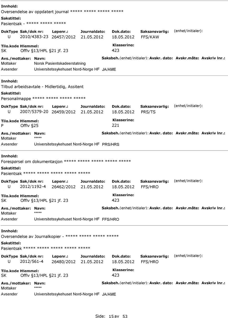 : Mottaker Norsk asientskadeerstatning niversitetssykehuset Nord-Norge HF JA/AME Tilbud arbeidsavtale - Midlertidig, Assitent ersonalmappe ***** ***** ***** ***** 2007/5379-20 26459/2012 RS/TS Avs.