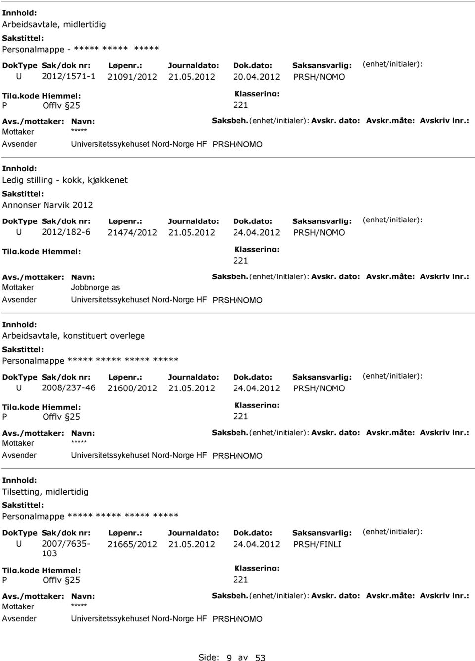 måte: Avskriv lnr.: Mottaker Jobbnorge as niversitetssykehuset Nord-Norge HF RSH/NOMO Arbeidsavtale, konstituert overlege ersonalmappe ***** ***** ***** ***** 2008/237-46 21600/2012 24.04.