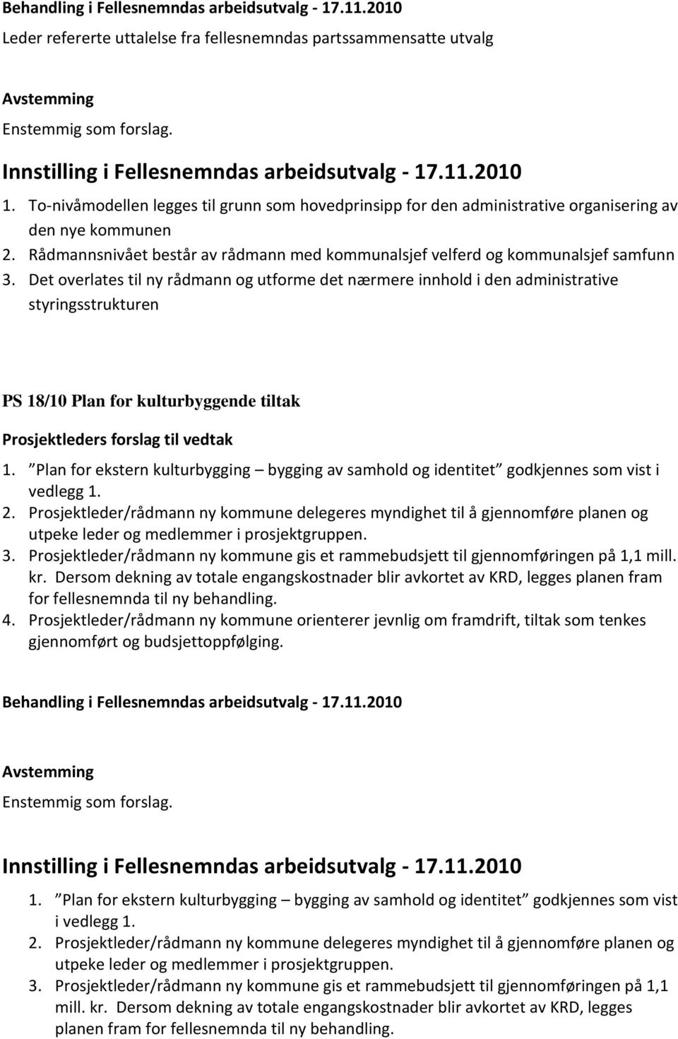 Det overlates til ny rådmann og utforme det nærmere innhold i den administrative styringsstrukturen PS 18/10 Plan for kulturbyggende tiltak Prosjektleders forslag til vedtak 1.