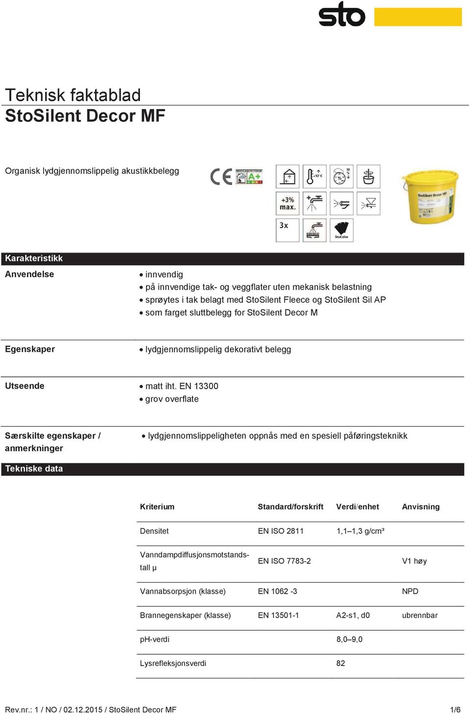 EN 13300 grov overflate Særskilte egenskaper / anmerkninger lydgjennomslippeligheten oppnås med en spesiell påføringsteknikk Tekniske data Kriterium Standard/forskrift Verdi/enhet Anvisning