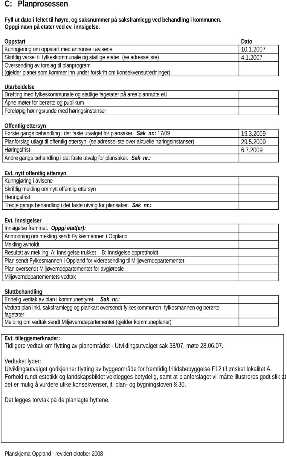 .1.2007 Skriftlig varsel til fylkeskommunale og statlige etater (se adresseliste) 4.1.2007 Oversending av forslag til planprogram (gjelder planer som kommer inn under forskrift om