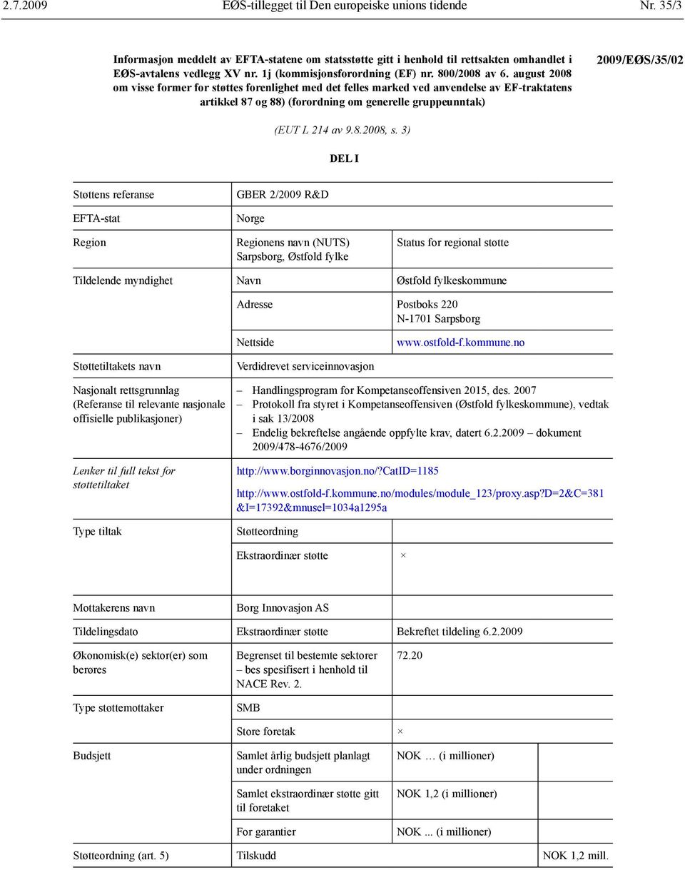 august 2008 om visse former for støttes forenlighet med det felles marked ved anvendelse av EF-traktatens artikkel 87 og 88) (forordning om generelle gruppeunntak) 2009/EØS/35/02 (EUT L 214 av 9.8.2008, s.