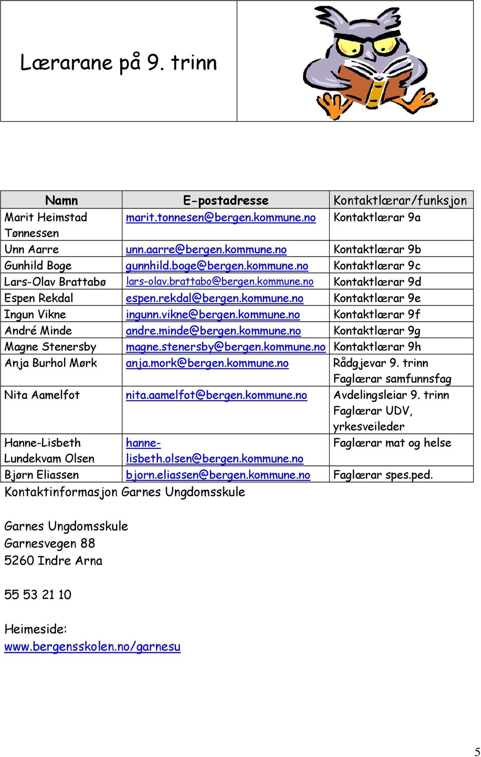 vikne@bergen.kommune.no Kontaktlærar 9f André Minde andre.minde@bergen.kommune.no Kontaktlærar 9g Magne Stenersby magne.stenersby@bergen.kommune.no Kontaktlærar 9h Anja Burhol Mørk anja.mork@bergen.