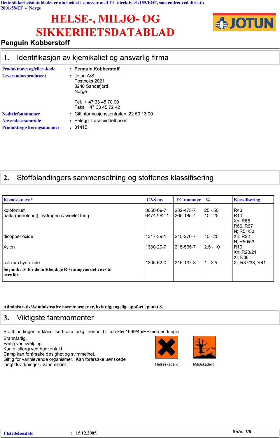 72 42 Nødtelefonnummer Giftinformasjonssentralen 22 59 13 00 Anvendelsesområde Belegg Løsemiddelbasert. Produktregistreringsnummer 31415 2.