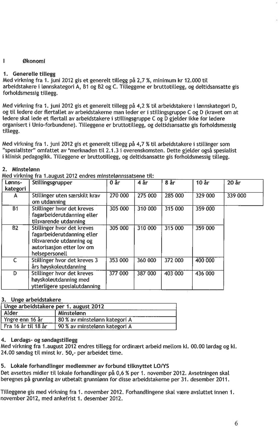 juni 2012 gis et generelt tillegg på 4,2% til arbeidstakere i lønnskategori D, og til ledere der flertallet av arbeidstakerne man leder er i stillingsgruppe C og D (kravet om at ledere skal Lede et