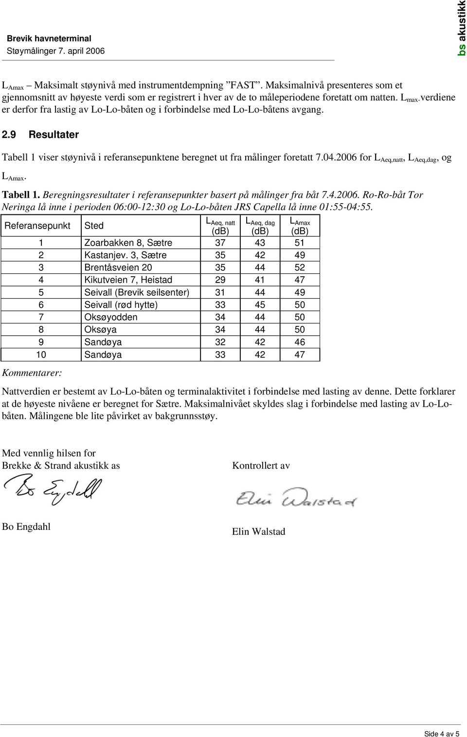 2006 for L Aeq,natt, L Aeq,dag, og L Amax. Tabell 1. Beregningsresultater i referansepunkter basert på målinger fra båt 7.4.2006. Ro-Ro-båt Tor Neringa lå inne i perioden 06:00-12:30 og Lo-Lo-båten JRS Capella lå inne 01:55-04:55.