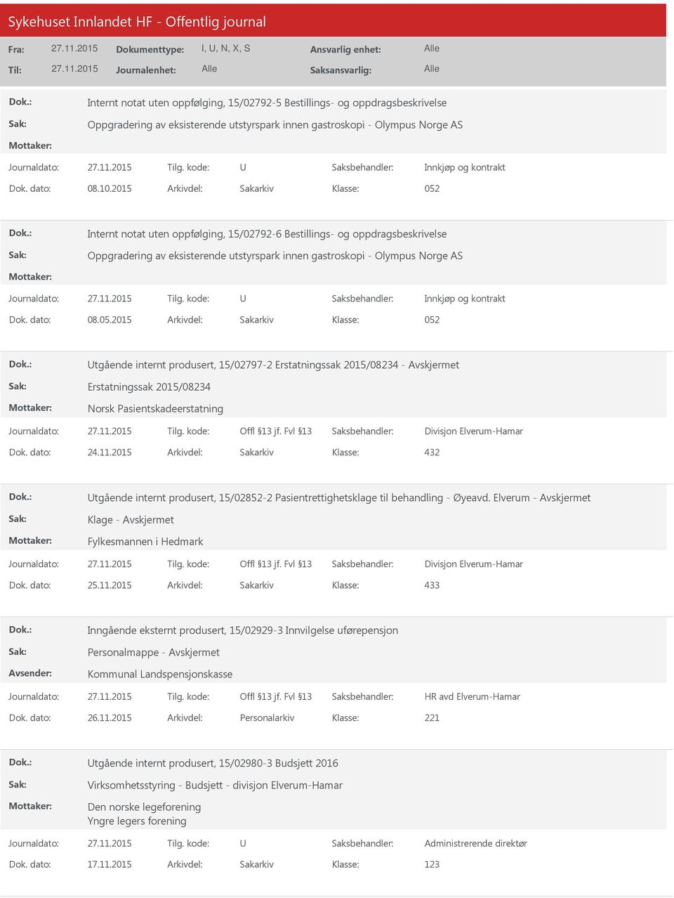 05.2015 Arkivdel: Sakarkiv 052 tgående internt produsert, 15/02797-2 Erstatningssak 2015/08234 - Erstatningssak 2015/08234 Norsk Pasientskadeerstatning Divisjon Elverum-Hamar 432 tgående internt