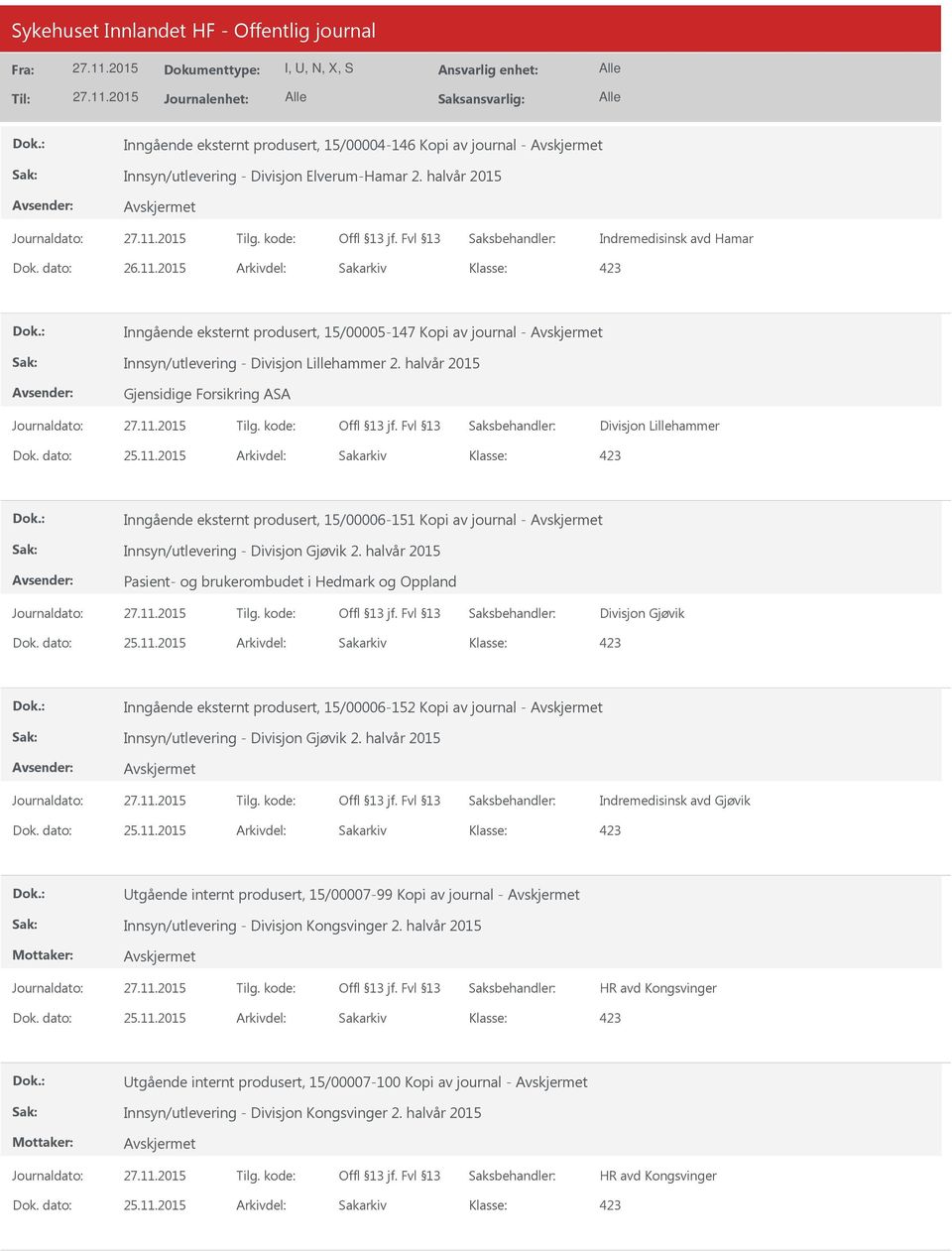 halvår 2015 Gjensidige Forsikring ASA Divisjon Lillehammer Inngående eksternt produsert, 15/00006-151 Kopi av journal - Innsyn/utlevering - Divisjon Gjøvik 2.