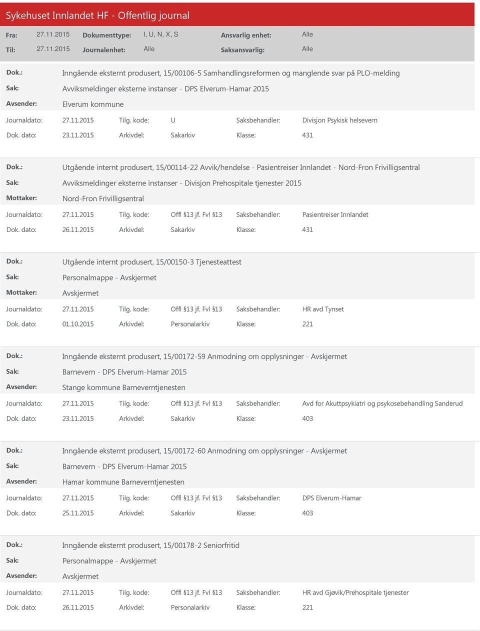 2015 Arkivdel: Sakarkiv 431 tgående internt produsert, 15/00114-22 Avvik/hendelse - Pasientreiser Innlandet - Nord-Fron Frivilligsentral Avviksmeldinger eksterne instanser - Divisjon Prehospitale