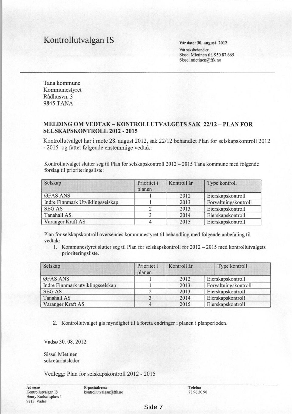 august 2012, sak 22/12 behandlet Plan for selskapskontroll 2012-2015 og fattet følgende enstemmige vedtak: Kontrollutvalget slutter seg til Plan for selskapskontroll 2012 2015 Tana kommune med